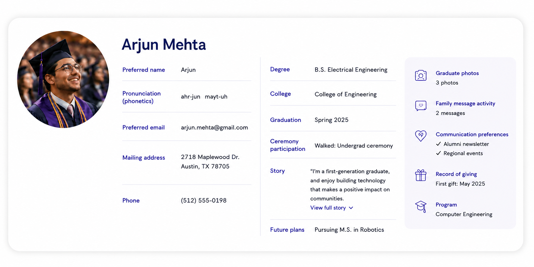 Example of enriched alumni profile data including contact details, pronunciation, graduation information, photos, and preferences