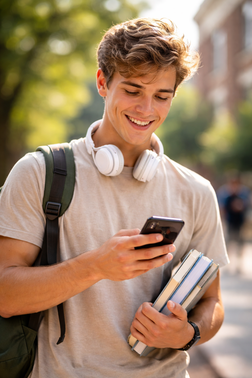 Graduate student checking phone for graduation information