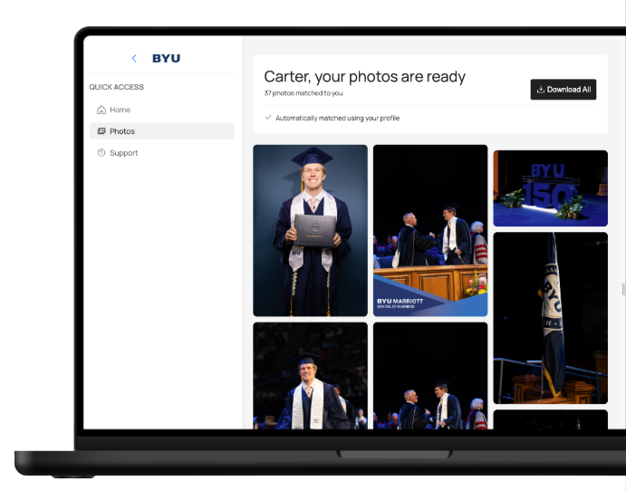 BYU graduate photo gallery interface showing matched ceremony photos ready to download