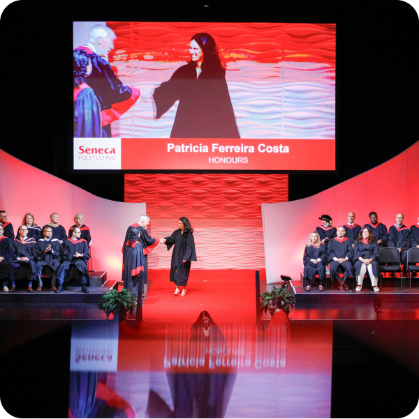 Seneca College graduation ceremony with stage display